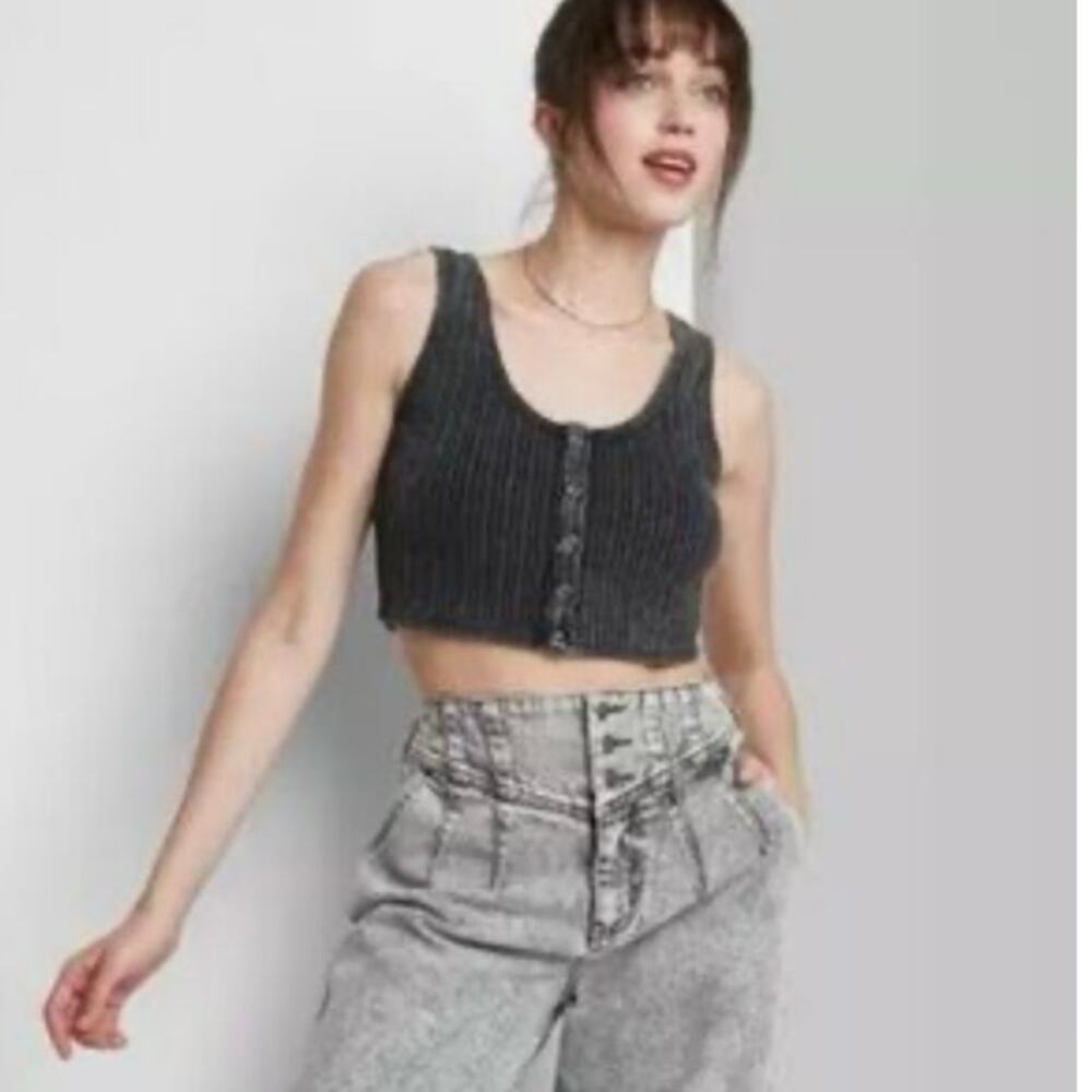 Wild Fable Black Ribbed Button Front Crop Tank - XS